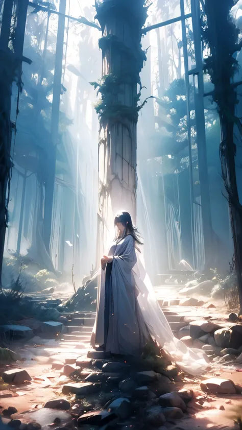 beautiful girl in transparent gray robe standing in dark forest, epic style, octane rendering, desert composition, rosto bonito,...