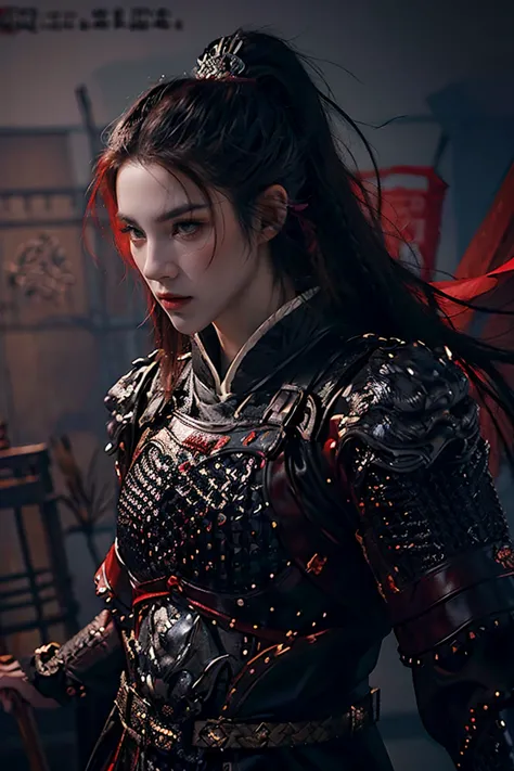 a man with long black braided hair and black eyes wearing black and red chinese skin armor over traditional clothes, blood red t...