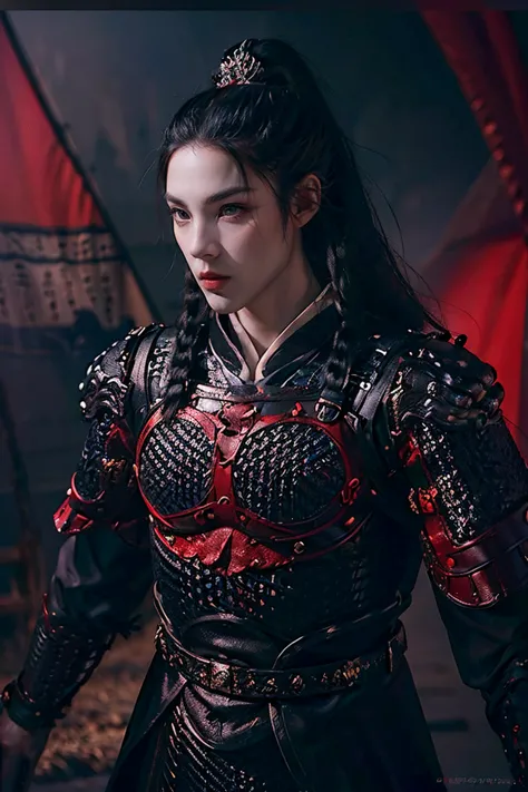 a man with long black braided hair and black eyes wearing black and red chinese skin armor over traditional clothes, blood red t...