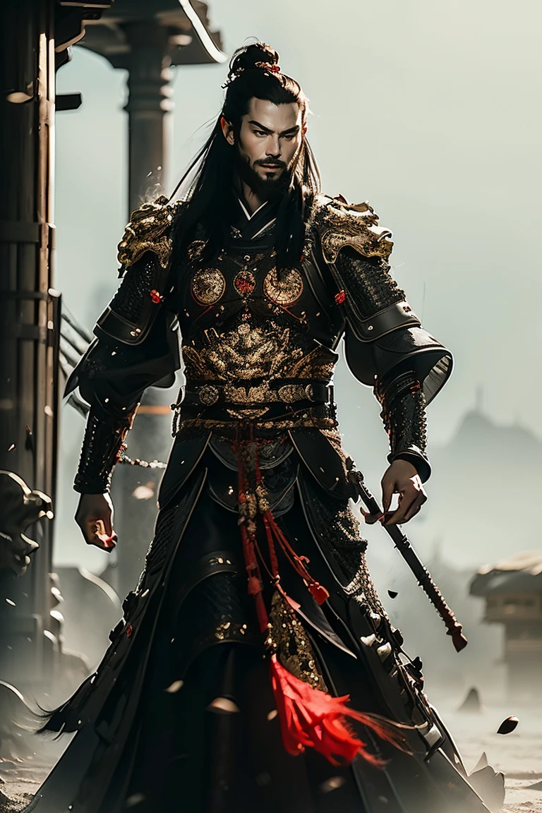 a man with long black braided hair and black eyes wearing black and red Chinese skin armor over traditional clothes, blood red tones, bringing power and danger to the image, he has a thin and imposing beard and has expressions of older age, man older with beard (best quality, 4k, 8k, high resolution, art - prime: 1.2), ultra detailed, (realistic, photorealistic, photorealistic: 1.37), extremely detailed eyes and face, long eyelashes, black armor details Intricate, traditional Chinese robes, flowing hair, black and red color palette, powerful and serene expression, dramatic lighting, cinematic composition, award-winning digital art
