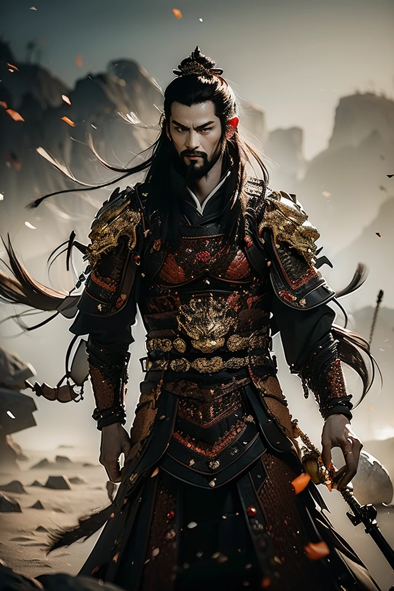 a man with long black braided hair and black eyes wearing black and red Chinese skin armor over traditional clothes, blood red tones, bringing power and danger to the image, he has a thin and imposing beard and has expressions of older age, man older with beard (best quality, 4k, 8k, high resolution, art - prime: 1.2), ultra detailed, (realistic, photorealistic, photorealistic: 1.37), extremely detailed eyes and face, long eyelashes, black armor details Intricate, traditional Chinese robes, flowing hair, black and red color palette, powerful and serene expression, dramatic lighting, cinematic composition, award-winning digital art
