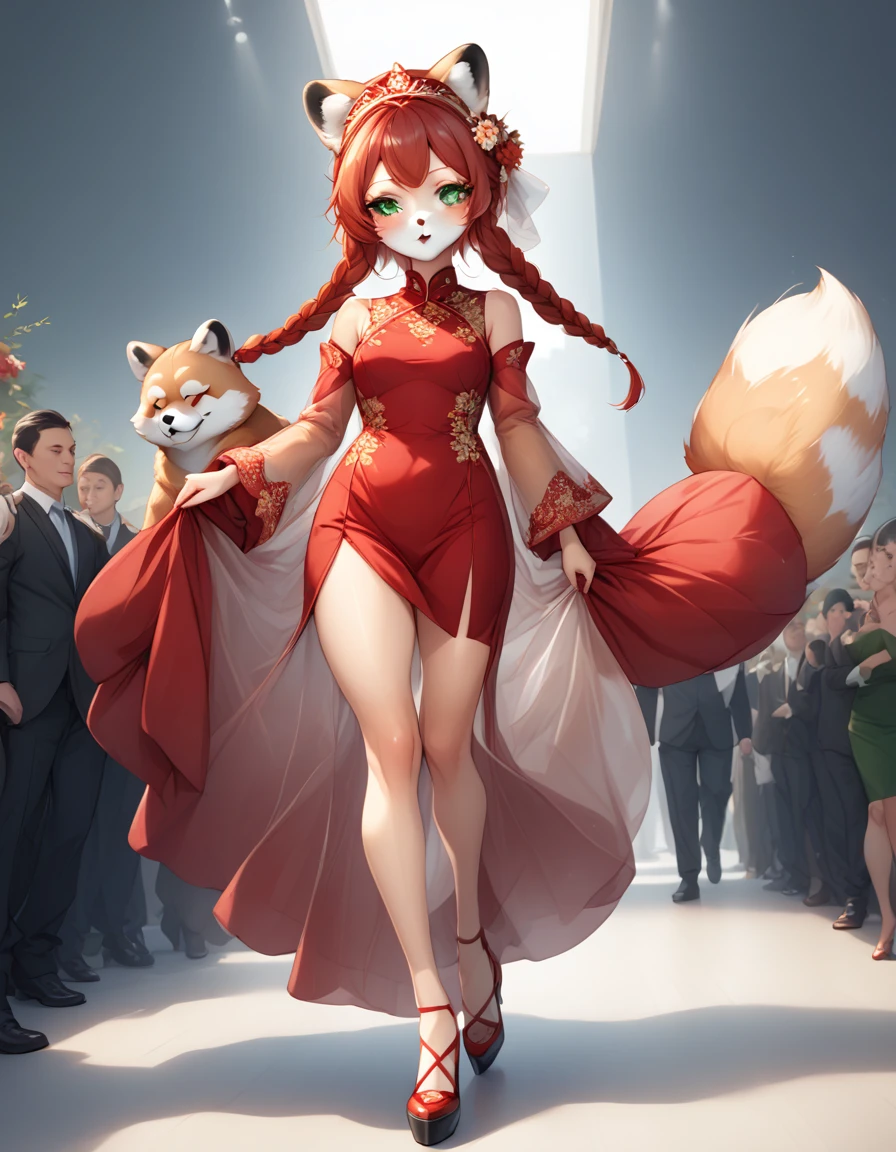 Solo, Score_9, score_8_up, score_7_up, kemono style, Kimiko, An Anthro furry red panda girl, red furry body, red panda tail, , black nose, red hair, braided hair, majestic, long legs, athletic arms and legs, green emerald eyes, toned legs, toned thighs, mid angle shot, gorgeous, high quality, modest wedding dress, walking down aisle, blushing, white straps around legs, heels, beads around arms, beads around legs, wooden ornaments, see through sleeves, elegant dress, red dress, long dress, red asian dress, Chinese dress, Chinese headdress