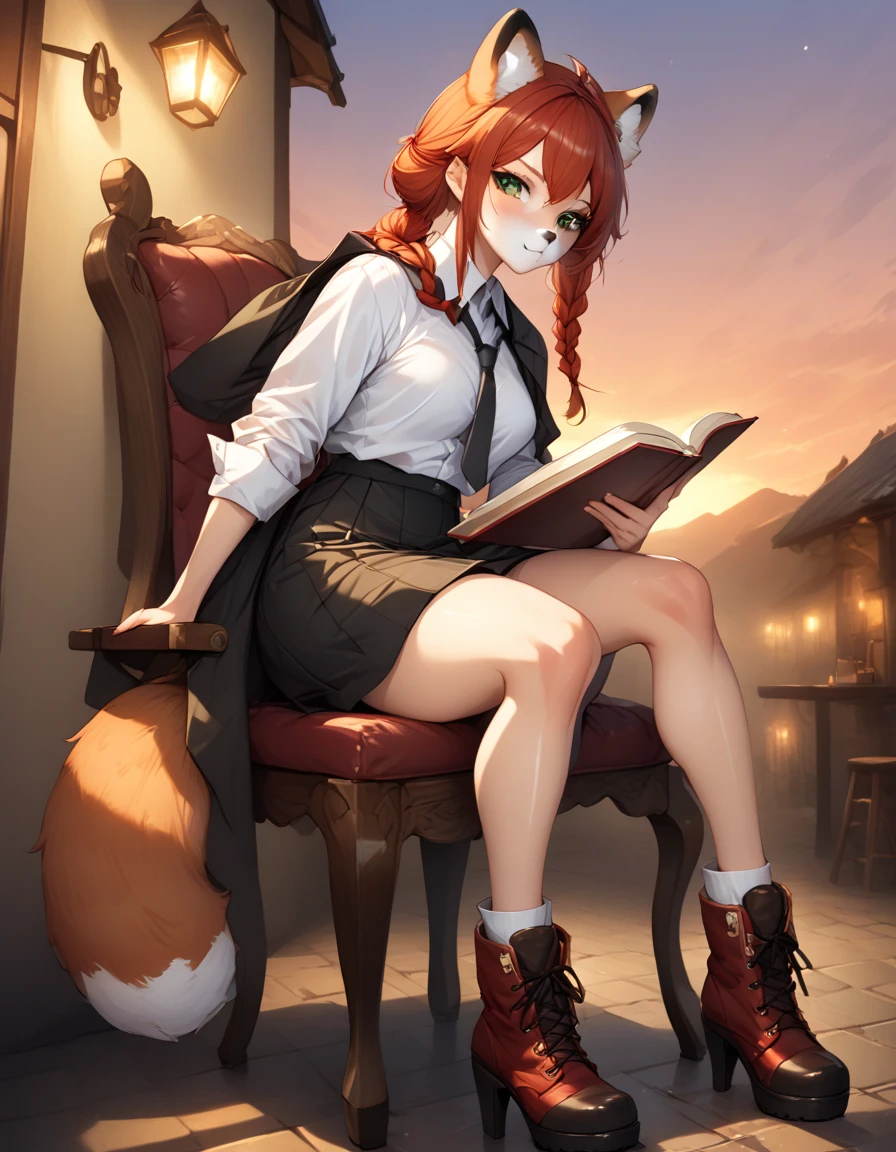 Solo, Score_9, score_8_up, score_7_up, kemono style, Kimiko, An Anthro furry red panda girl, red furry body, red panda tail, , black nose, red hair, braided hair, majestic, long legs, athletic arms and legs, green emerald eyes, toned legs, toned thighs, mid angle shot, tan rain coat, investigator coat, long coat, loose tie, white dress shirt, opened buttons, rolled up sleeves, sitting on a chair, resting arms over chair back, visible legs, black skirt, black leather boots with heels, armor on heels, knee guard, brown satchel slung over shoulder, sunset, reading book, candle for light, muscular arms and legs, writing in book, in tavern, night, sunset, orange sky, night, cross legged, holding pencil, writing in book, leaning forward, throne