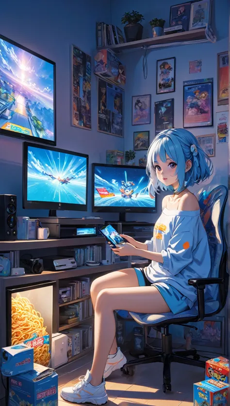 a girl，in her room，the room was dim，just a few screens displaying various video games emit a soft blue light，she is holding inst...