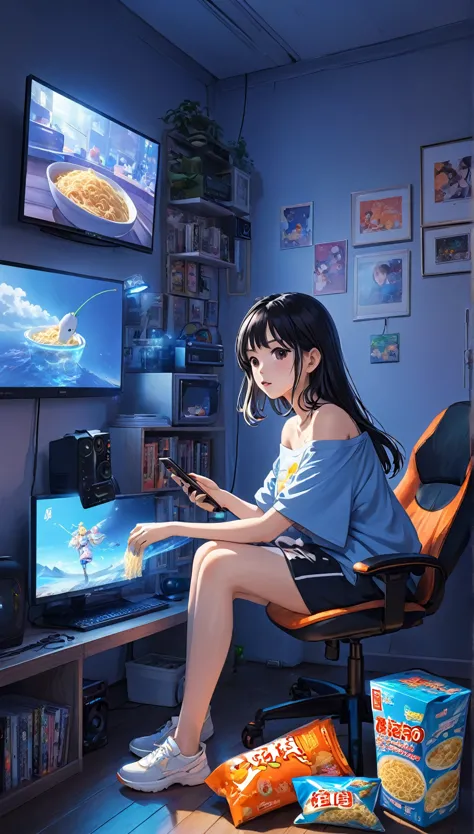 a girl，in her room，the room was dim，just a few screens displaying various video games emit a soft blue light，she is holding inst...