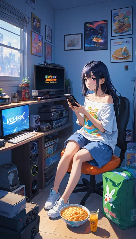 a girl，in her room，the room was dim，just a few screens displaying various video games emit a soft blue light，she is holding inst...