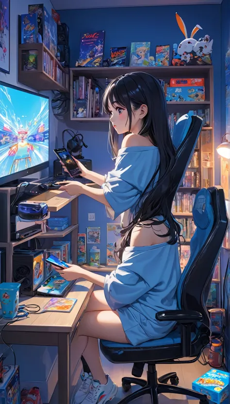 a girl，in her room，the room was dim，just a few screens displaying various video games emit a soft blue light，she is holding inst...