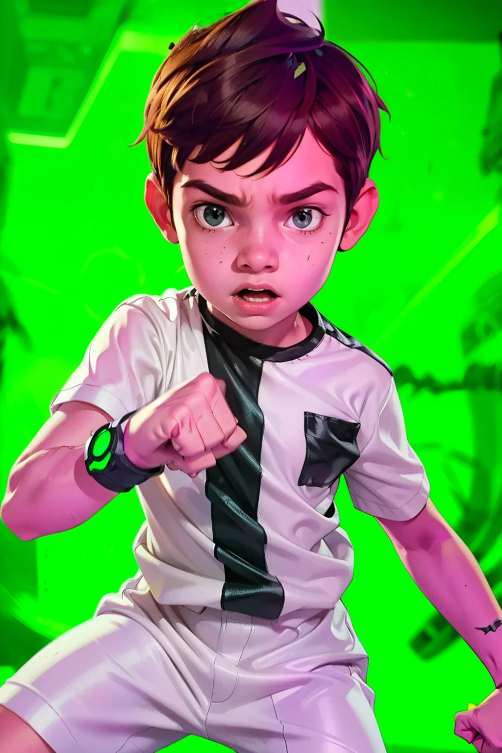 Movie poster, Ben 10 ((A child, 6 years))), ((wearing a white outfit with black stripe in the center, showing fist. Machine on arm. Action facial expression )) . highy detailed, face detailed, realisitic, cinematic lighting, studio quality, proffesional, face detailed, intrikate, bright coloured. ((abstract background)).