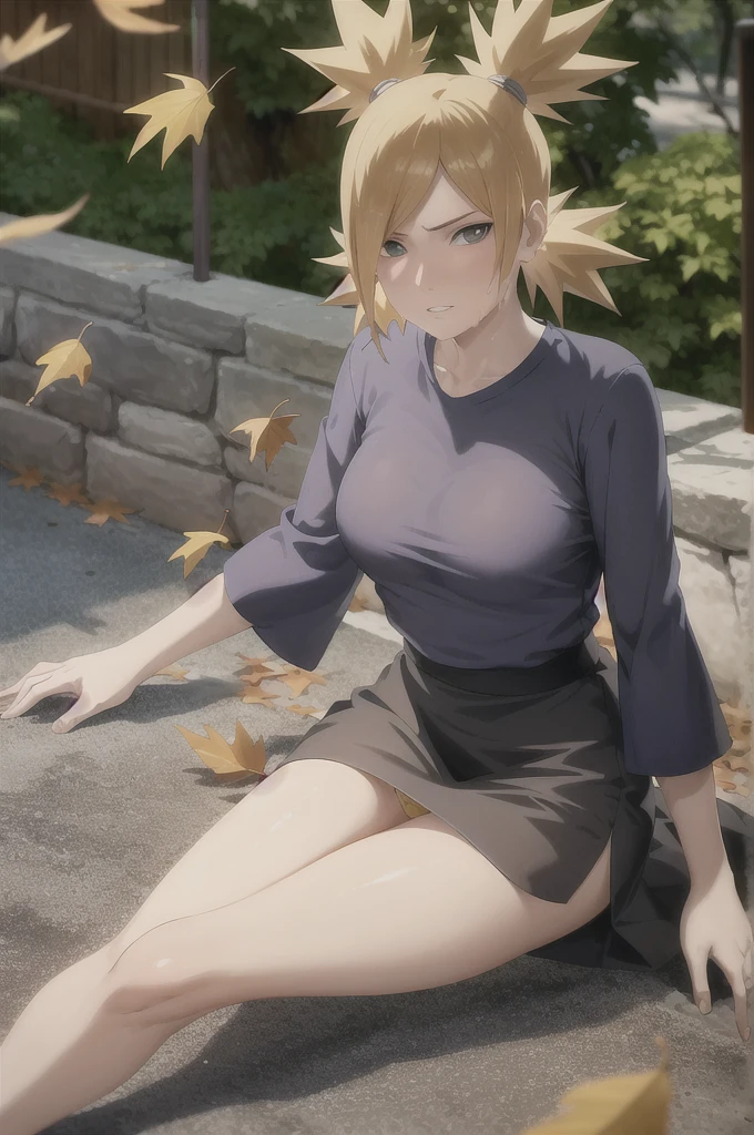 work of art, absurderes , (details Intricate), (colorfully),cinematic lighting,shot not bust,Extremely detailed CG 8k unity wallpaper,Temari\(boruto\), 1 girl, mature woman,yellow t-shirt,wore tight, wet white panties while sitting, plein-air, (falling leaves:1.3), Thu leaves, (Thu), lighting sun, Maple tree, parted lips,Tuuli,  looking ahead at viewer,  