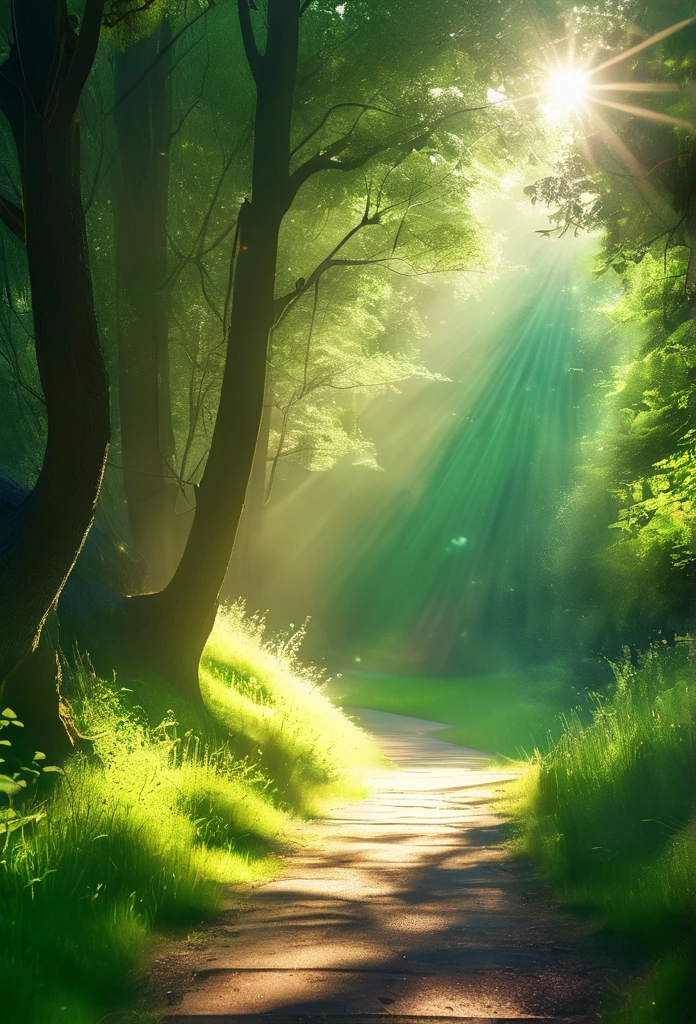 (best quality,4k,8k,highres,masterpiece:1.2),ultra-detailed,(realistic,photorealistic,photo-realistic:1.37),cinematic lighting,shadows,forest,plants emitting lights,beautiful landscape, forest path lit by the multiple sun rays beaming through the trees, summer, green trees