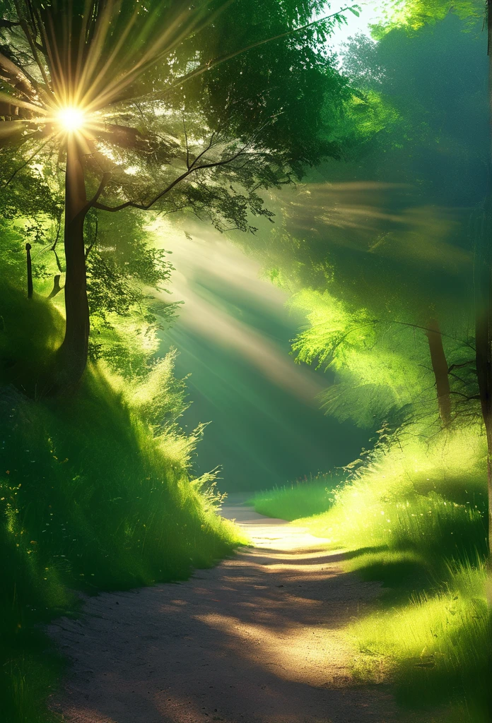 (best quality,4k,8k,highres,masterpiece:1.2),ultra-detailed,(realistic,photorealistic,photo-realistic:1.37),cinematic lighting,shadows,forest,plants emitting lights,beautiful landscape, forest path lit by the multiple sun rays beaming through the trees, summer, green trees