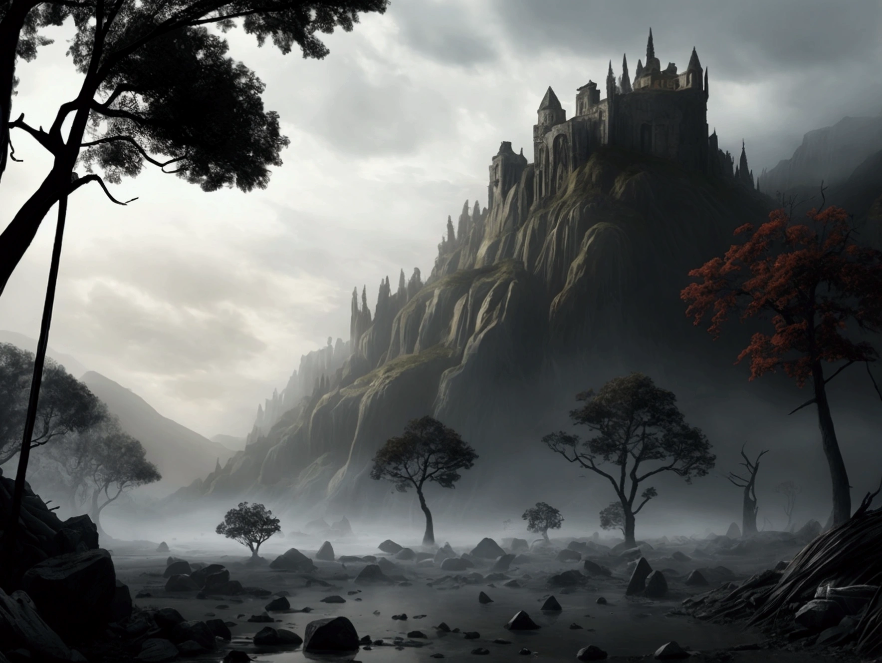 The location is the Umbral, depicted in hyper-realistic detail.The ground is a damp, black terrain. The air is dense with a dense, swirling fog that obscures the surroundings, creating an oppressive and claustrophobic atmosphere. Figures of people can be seen lurking in the mist, their forms almost invisible. In the distance, the outline of dry trees and crumbling hills emerges from the darkness, adding to the sense of despair. The overall scene is frightening, with an overwhelming sense of fear.
