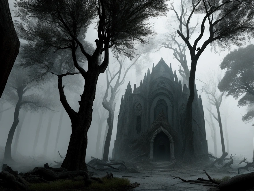 The location is the Umbral, depicted in hyper-realistic detail.The ground is a damp, black terrain. The air is dense with a dense, swirling fog that obscures the surroundings, creating an oppressive and claustrophobic atmosphere. Figures of people can be seen lurking in the mist, their forms almost invisible. In the distance, the outline of dry trees and crumbling hills emerges from the darkness, adding to the sense of despair. The overall scene is frightening, with an overwhelming sense of fear.
