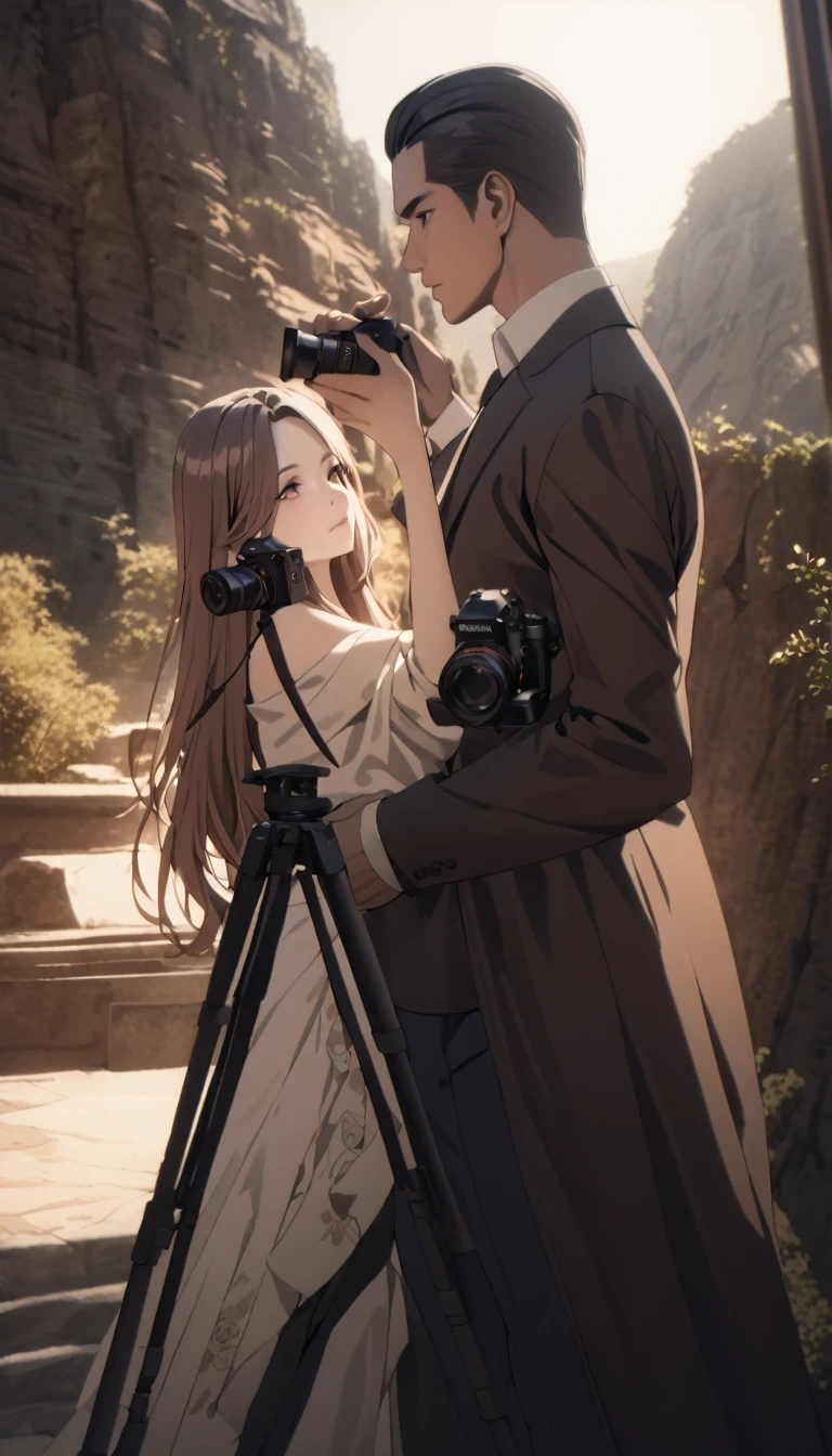 beautiful detailed woman, beautiful detailed man, couple, taking photography, elegant pose, beautiful scenery, natural lighting, intricate details, high quality, photorealistic, hyperrealistic, cinematic, warm color tones, dramatic lighting, professional photography