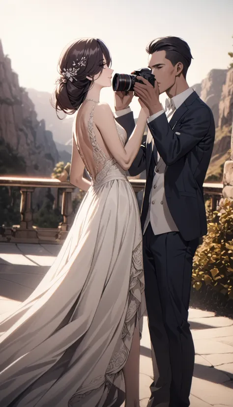 beautiful detailed woman, beautiful detailed man, couple, taking photography, elegant pose, beautiful scenery, natural lighting,...