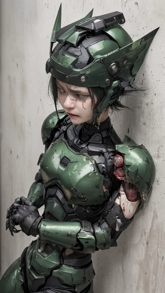 Rough skin, Very detailed, Advanced Details, high quality, 最high quality, High resolution, 1080P 、Bleeding from the wound、Sexy Eyes、Wearing green and black、cute((The whole body is sweating))(Equipped with a damaged battle suit....)(Dark green armor)(Broken Armor)Black Hair、Chiquita、short hair、Open your mouth、Painful expression、It hurts again、Healthy Skin、20-year-old female　defeat　(Steam coming out of the face) ((Steam from the body)) 　Unable to fight　Severe attacks　((I was thrown against the wall、Headgear is broken.　)) Flying debris　bare hands　Armor Stripping　Headgear damage