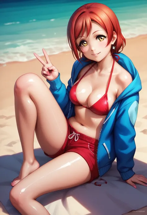 hoshizora rin love live, realistic anime style, blue hoodie, open hoodie,bikini top,red shorts, beach, knee bent, ultra detailed...