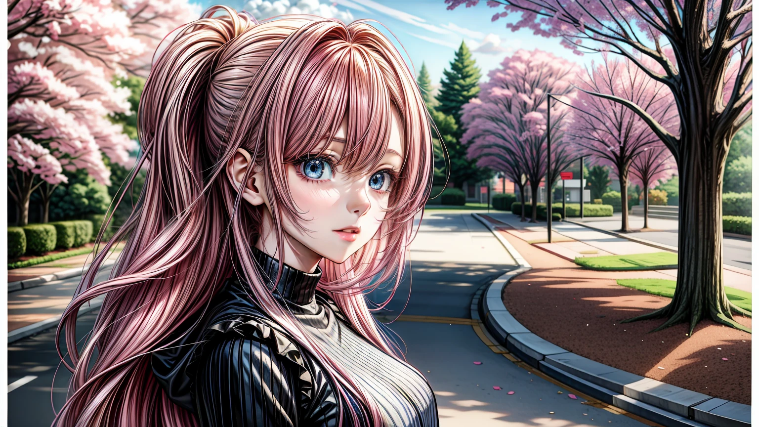 anime girl with pink hair and blue eyes standing in front of a tree, 4K anime style, anime art wallpaper 4k, anime art wallpaper 4k, detailed digital anime art, beautiful animated portrait, anime art wallpaper 8K, beautiful anime illustrations, 4k anime wallpaper, 4k anime wallpaper, anime fantasy illustrations, anime fantasy illustration., detailed portrait of anime girl