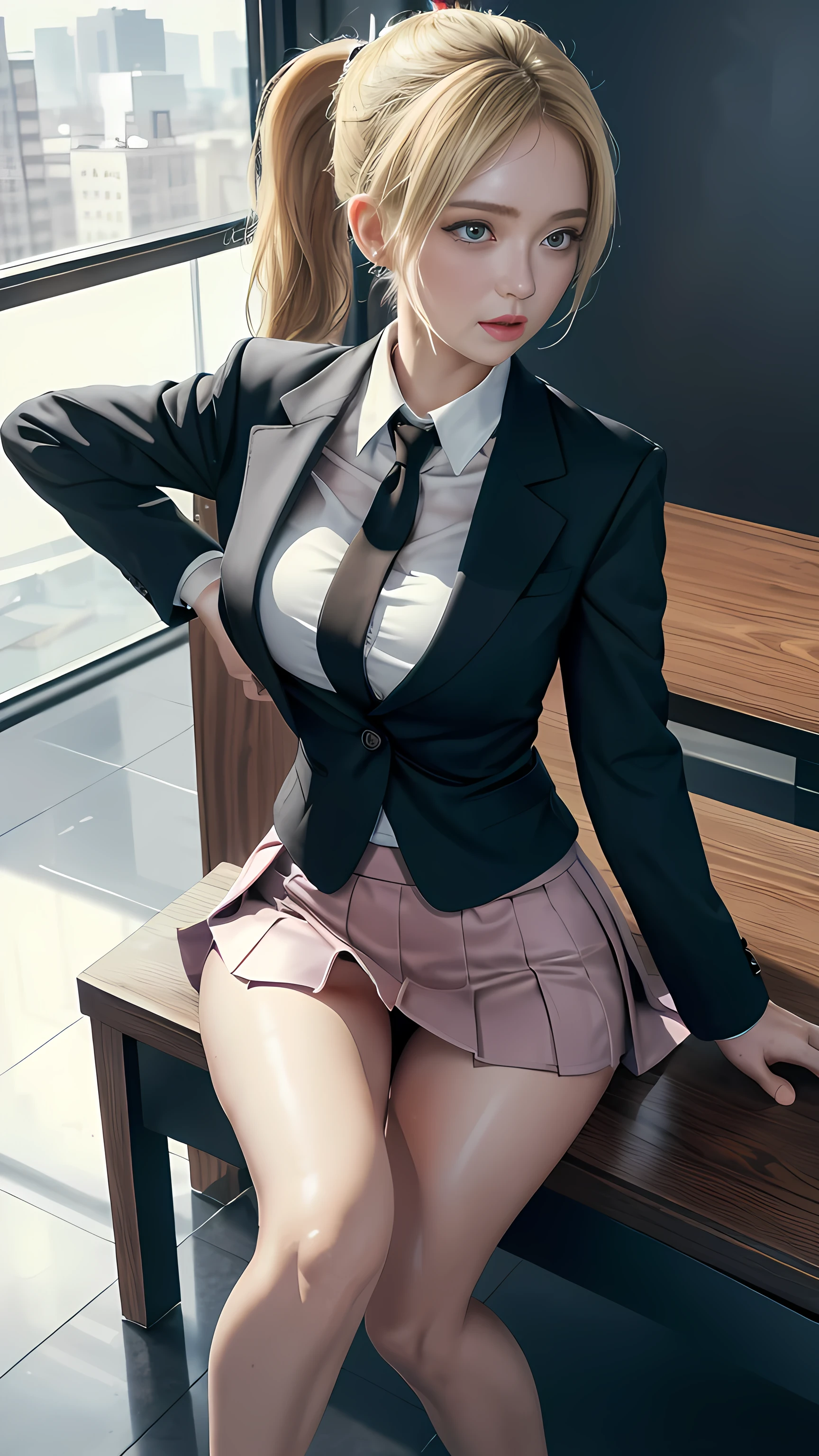 High quality, best quality, masterpiece, 8K, ultra-real, ridiculous, vibrator in panties, 1 girl, office, blonde, business suit, pen holder skirt, standing with legs extended: 1.1, blush, ponytail, wet panties, sitting, wet floor, (open clothes, expose entire breasts, flirt skirt: 1.1),