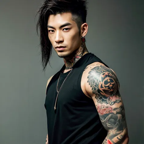 1 man, japanese man, male, asian eyes, muscular, broad shoulders, yakuza tattoos, hairstyle visual kei style, hair visual kei, b...