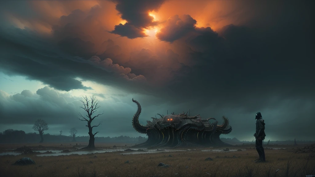 (((Futuristic fables and fantastical folklore))), (Lovecraftian horror:1.4), A grim Kansas crime drama, ((A surreal science-fiction painting, Zdzisław Beksiński, Simon Stålenhag, Denis Sarazhin, Ominous sky, Wayne Barlowe, Alex )). A deeply disturbing narrative is unfolding here, dieselpunk, gripping art, unnerving, unsettling, visually immersive art, sinister vibes, raw, vivid and gritty storytelling Art, highly detailed, existential theme, create psychological tension, compelling narrative, cinematic 