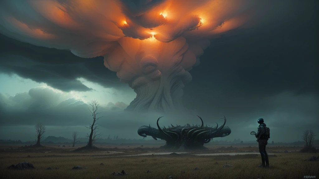 (((Futuristic fables and fantastical folklore))), (Lovecraftian horror:1.4), A grim Kansas crime drama, ((A surreal science-fiction painting, Zdzisław Beksiński, Simon Stålenhag, Denis Sarazhin, Ominous sky, Wayne Barlowe, Alex )). A deeply disturbing narrative is unfolding here, dieselpunk, gripping art, unnerving, unsettling, visually immersive art, sinister vibes, raw, vivid and gritty storytelling Art, highly detailed, existential theme, create psychological tension, compelling narrative, cinematic 