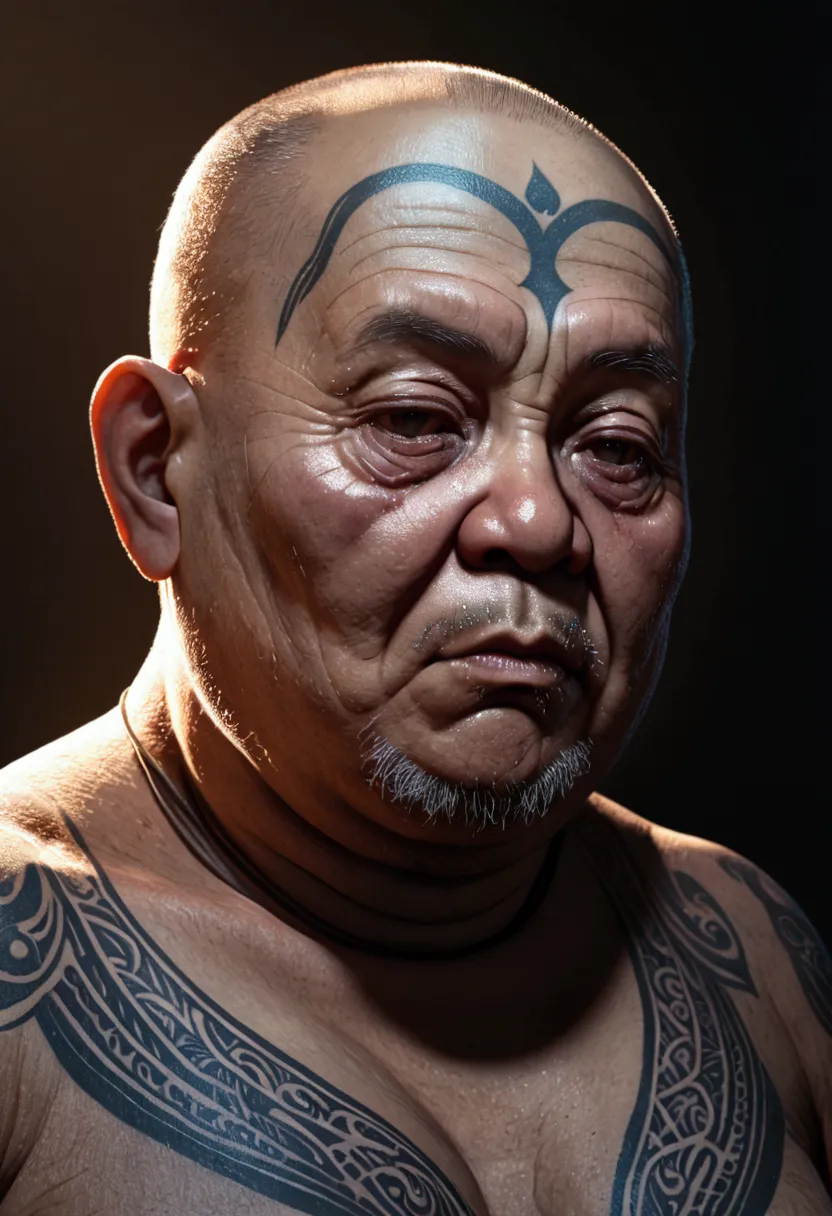 (old fat monk with thinning hair,tattoos all over body,detailed portrait,highly detailed face,hyperrealistic,3d render,masterpie...