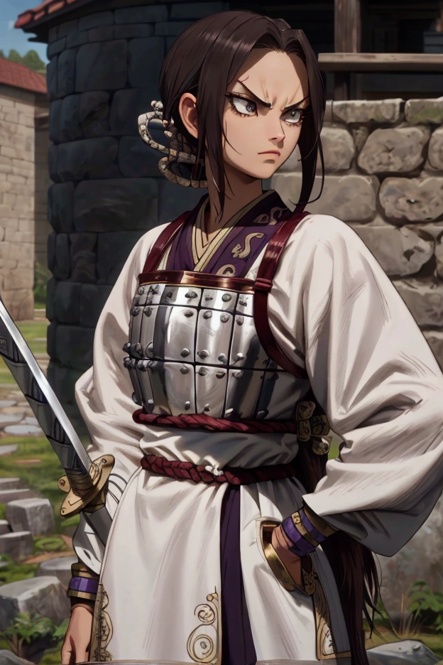 8k, Highly Detailed, Masterpiece, source_anime, best quality, beautifully detailed eyes and beautifully detailed hair, 1girl, solo, a character with fair skin, large expressive eyes, and dark brown hair styled in a neat tied back, straight manner, sharp facial features face, They are dressed in traditional warrior attire, consisting of a white robe with purple and gold accents, and silver armor plating on the chest and forearms. The character also wears a dark blue belt and has two swords sheathed at their sides. The overall design is detailed and emphasizes a historical or fantasy warrior theme. The background consists of a stone wall, adding a rustic and historical feel to the scene. The character's facial expression is serious and focused, suggesting determination or concentration,