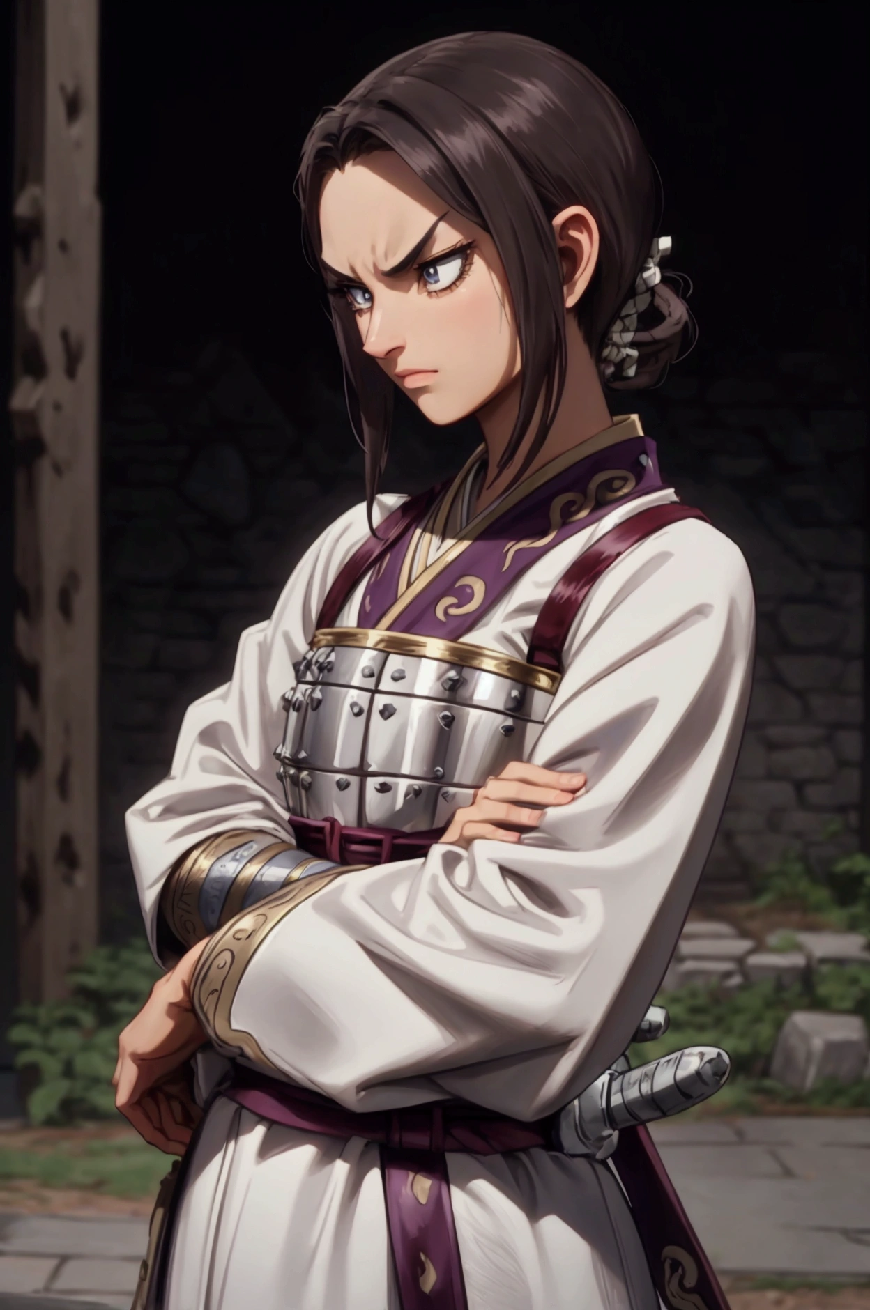 8k, Highly Detailed, Masterpiece, source_anime, best quality, beautifully detailed eyes and beautifully detailed hair, 1girl, solo, a character with fair skin, large expressive eyes, and dark brown hair styled in a neat tied back, straight manner, sharp facial features face, They are dressed in traditional warrior attire, consisting of a white robe with purple and gold accents, and silver armor plating on the chest and forearms. The character also wears a dark blue belt and has two swords sheathed at their sides. The overall design is detailed and emphasizes a historical or fantasy warrior theme. The background consists of a stone wall, adding a rustic and historical feel to the scene. The character's facial expression is serious and focused, suggesting determination or concentration,