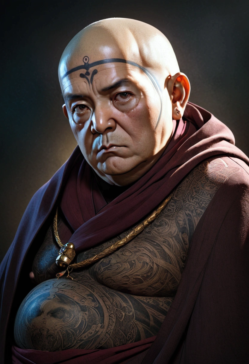 (old fat monk with thinning hair,tattoos all over body,detailed portrait,highly detailed face,hyperrealistic,3d render,masterpiece,8k,photorealistic,cinematic lighting,dramatic lighting,moody lighting,dramatic pose,mystical,spiritual,intense gaze,intricate tattoos,lush textures,rich colors,chiaroscuro,dramatic shadows,atmospheric)