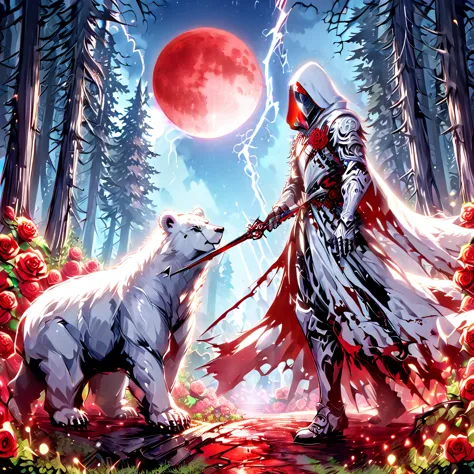 dynamic picture where a man with a white hood with bear ears and a katana sits riding a big polar bear in a forest while the blo...