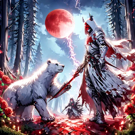 dynamic picture where a man with a white hood with bear ears and a katana sits riding a big polar bear in a forest while the blo...