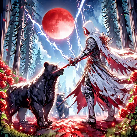 dynamic picture where a man with a white hood with bear ears and a katana sits riding a big polar bear in a forest while the blo...