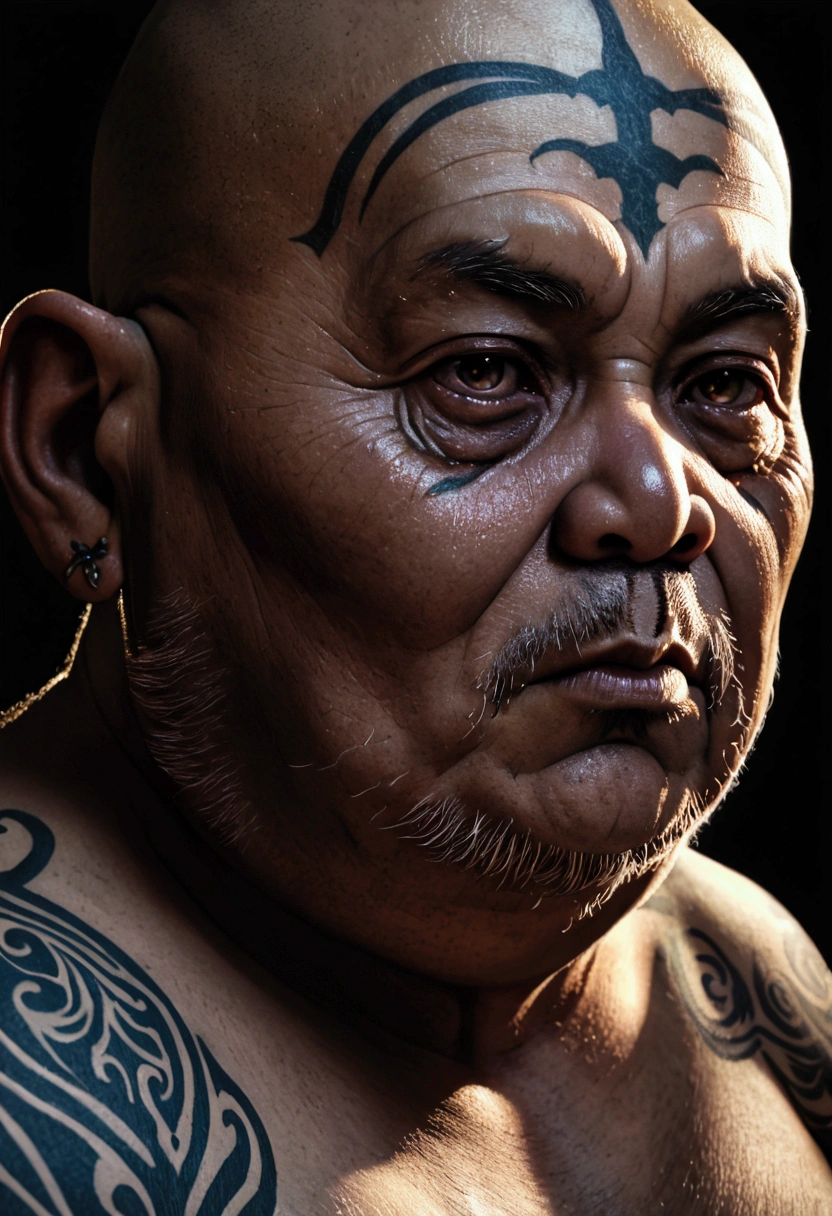 (old fat monk with thinning hair,tattoos all over body,detailed portrait,highly detailed face,hyperrealistic,3d render,masterpiece,8k,photorealistic,cinematic lighting,dramatic lighting,moody lighting,dramatic pose,mystical,spiritual,intense gaze,intricate tattoos,lush textures,rich colors,chiaroscuro,dramatic shadows,atmospheric)