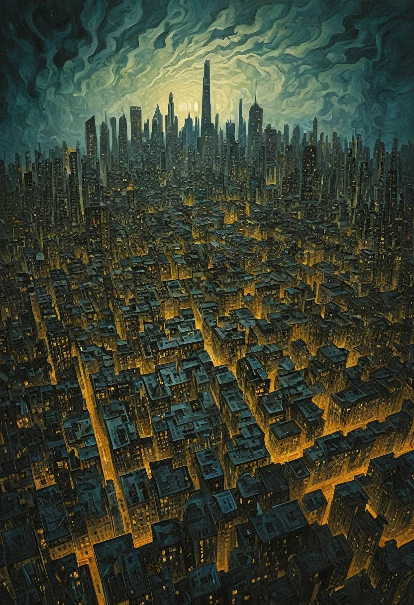 Dark Fantasy Art, style of Edvard Munch, Gerald Brom, In a world where geometry reigns supreme, a cityscape unfolds with kaleidoscopic brilliance. Skyscrapers composed of interlocking shapes - triangles, circles, squares - each a different vivid hue, stand in harmonious contradiction. The streets are a labyrinth of color-block patterns, pulsating with the vibrant life of its inhabitants. Here, the geometry is alive, constantly shifting and rearranging in a symphony of forms and shades. The sky itself is a canvas of mathematical perfection, with clouds forming fractal patterns that mirror the city below. This is a place where Euclidean and non-Euclidean geometries coexist, a utopia for those who find beauty in angles and edges, in the vivid play of color and form. Edvard Munch style, dark, moody, dark fantasy style