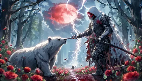 dynamic picture where a man with a white hood with bear ears and a katana sits riding a big polar bear in a forest while the blo...