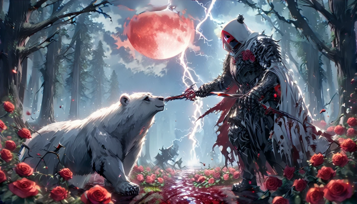 Dynamic picture where a man with a white hood with bear ears and a katana sits riding a big polar bear in a forest while the blood moon shines, many Roses cover the ground and lightning falls from the sky. The man wears a red blindfold.