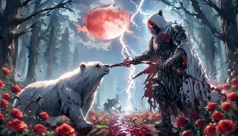 dynamic picture where a man with a white hood with bear ears and a katana sits riding a big polar bear in a forest while the blo...