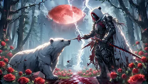 dynamic picture where a man with a white hood with bear ears and a katana sits riding a big polar bear in a forest while the blo...