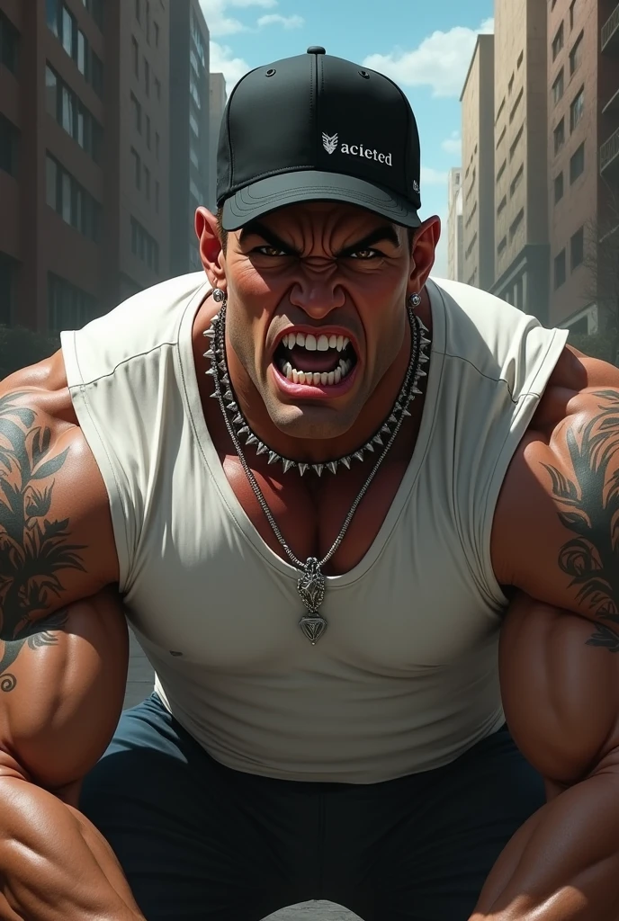 muscular man in black cap and white t-shirt, spike collar, academy, wicked look, tatoo, looking forward