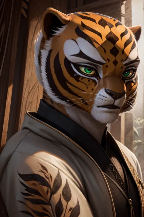 a furry tigress with green eyes, spotted fur (mostly black) with some orange stripes or spots, white hair, wearing a gray jacket...