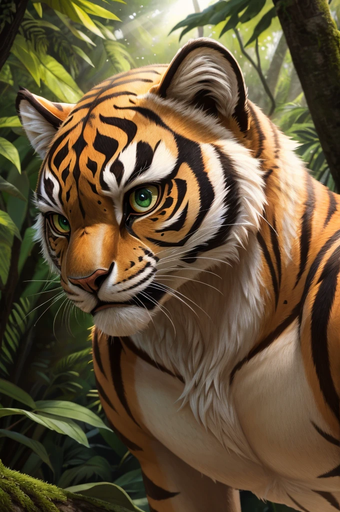 a furry tigress with green eyes, spotted fur (mostly black) with some orange stripes or spots, white hair, realistic, photorealistic, photo-realistic:1.37, detailed face, extremely detailed eyes and face, detailed fur, pronounced musculature, natural lighting, dynamic pose, outdoor forest environment, lush greenery, sunlight filtering through the trees, (best quality,4k,8k,highres,masterpiece:1.2),ultra-detailed