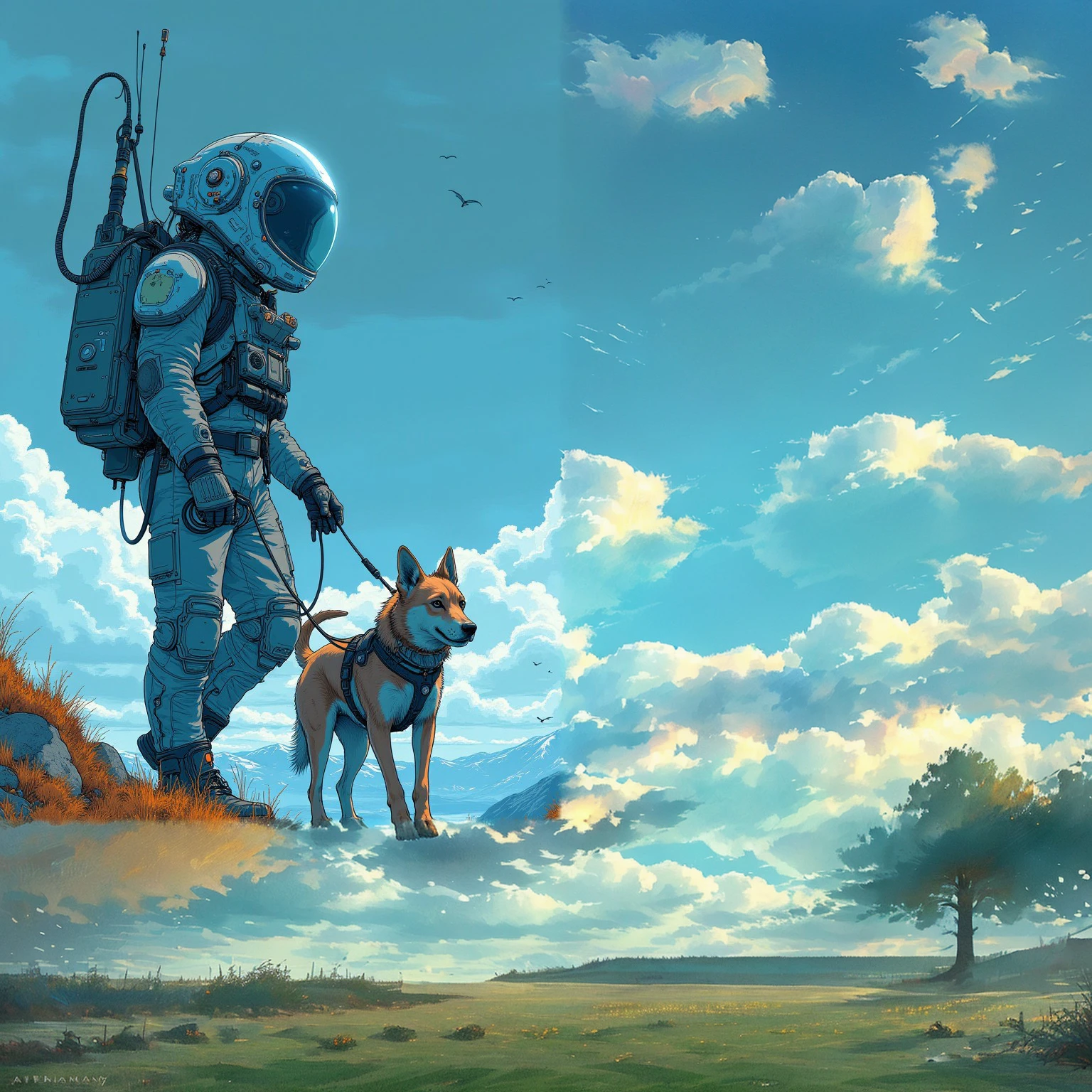 A spaceman walking a dog, posing in front of a large spaceship