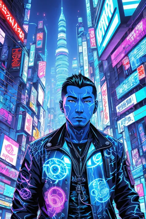 avatar makimark remix prompts copy prompts portrait of an asian man in cyberpunk city,( swirling ink forming white and blue holo...