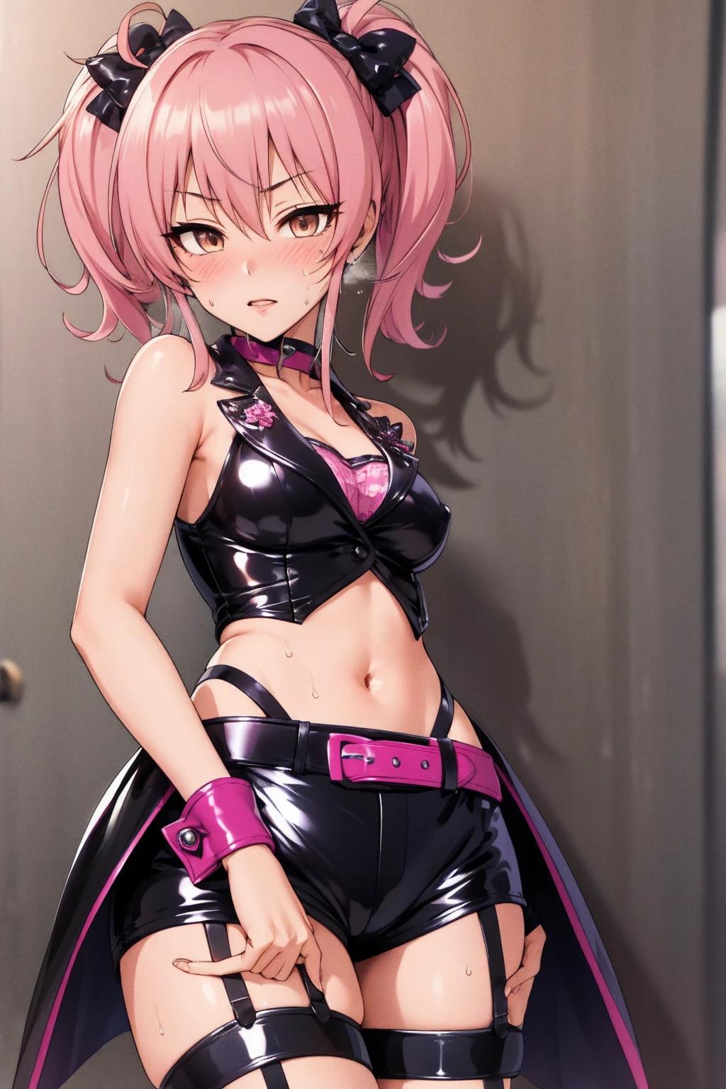  aamika, twintails, hair bow, idol clothes, choker, vest, wrist cuffs,, midriff,((latex shorts)),garter belt,cowboy shot,sweating,looking viewer,pink hair