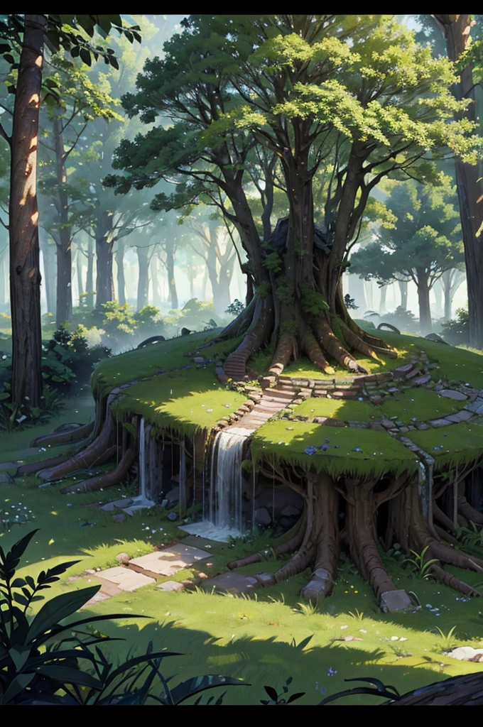 Create a battle map for a Dungeons and Dragons role-playing game, omitting the winding paths. Use the provided image as a reference, which displays an overhead view of a lush, dense forest with various trees and foliage. The landscape is textured with shades of green and brown, indicating grassy areas and earth respectively. Large trees with thick trunks and expansive root systems are prominent features in this verdant environment. Apenas uma trilha na floresta