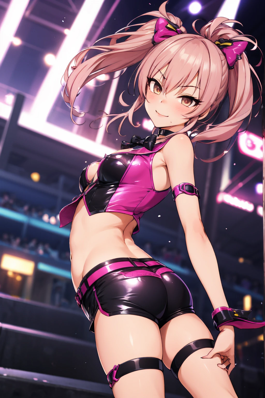 1girl,solo,cowboy shot, aamika, twintails, hair bow, idol clothes, choker, vest, wrist cuffs,, midriff,bike shorts,medium breasts,ass,from back