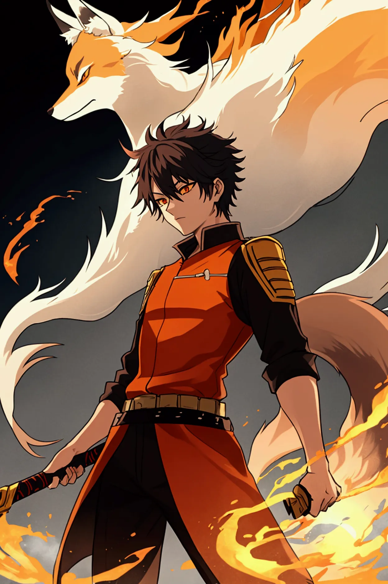 create a detailed image of reo kitsuno, the fox pillar (kitsune hashira) from demon slayer. reo is a slender and agile figure, w...