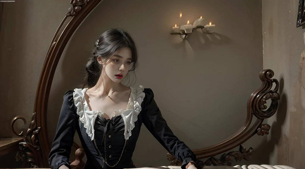 Official Art, unified 8k wallpaper, Super detailed, beautiful, beautiful, masterpiece, best quality, dark, Atmospheric, mystery, romantic, crawl, literature, Art, Fashion, Victorian Era, decorate, Complex, ironwork, lace, Brooding, emotional depth, supernatural, 1 girl, alone, neck, bust composition