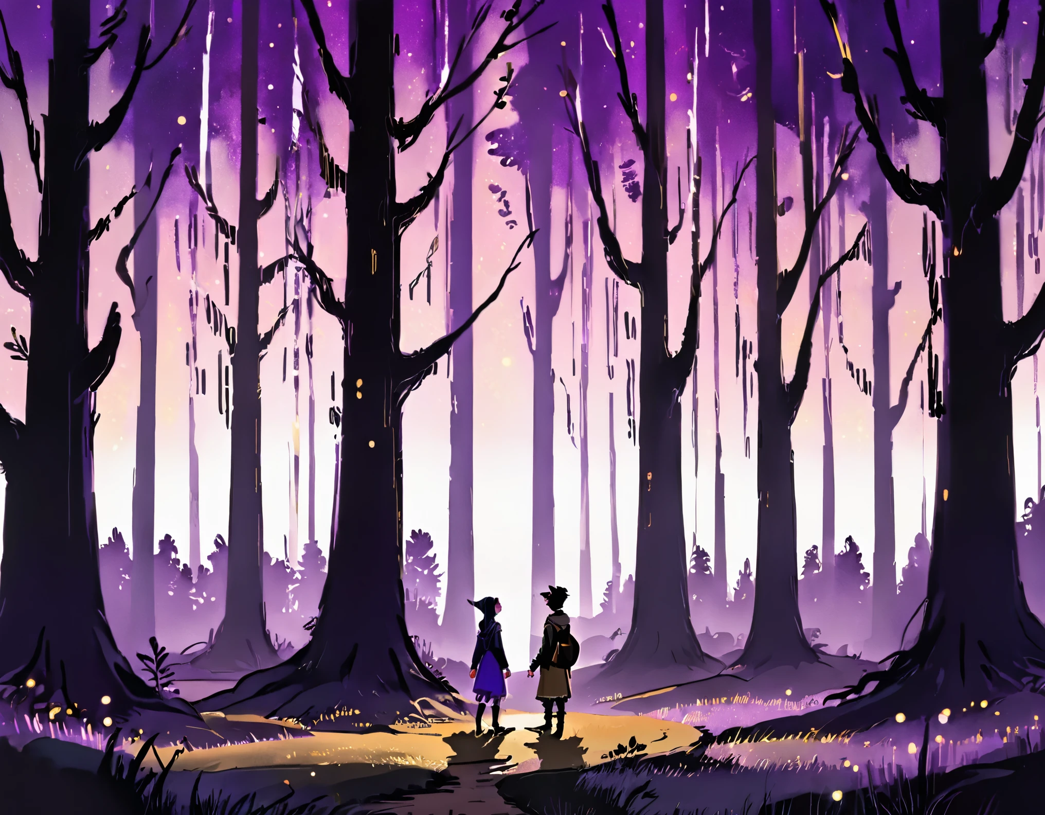 score_9, score_8_up, score_7_up, score_6_up, score_5_up, score_4_up, By Samara03, a person standing in a magical forest during night, ethereal, long shot, glowing purple and golden particles, cartoonish artstyle, dreamy, surreal, detailed, trippy, beautiful, starry night, otherworldly.
